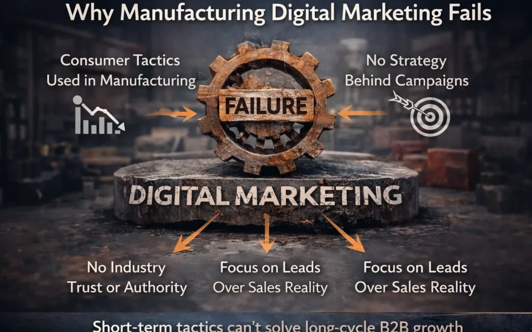 Why manufacturing digital marketing fails due to lack of strategy, authority, and long sales cycle understanding